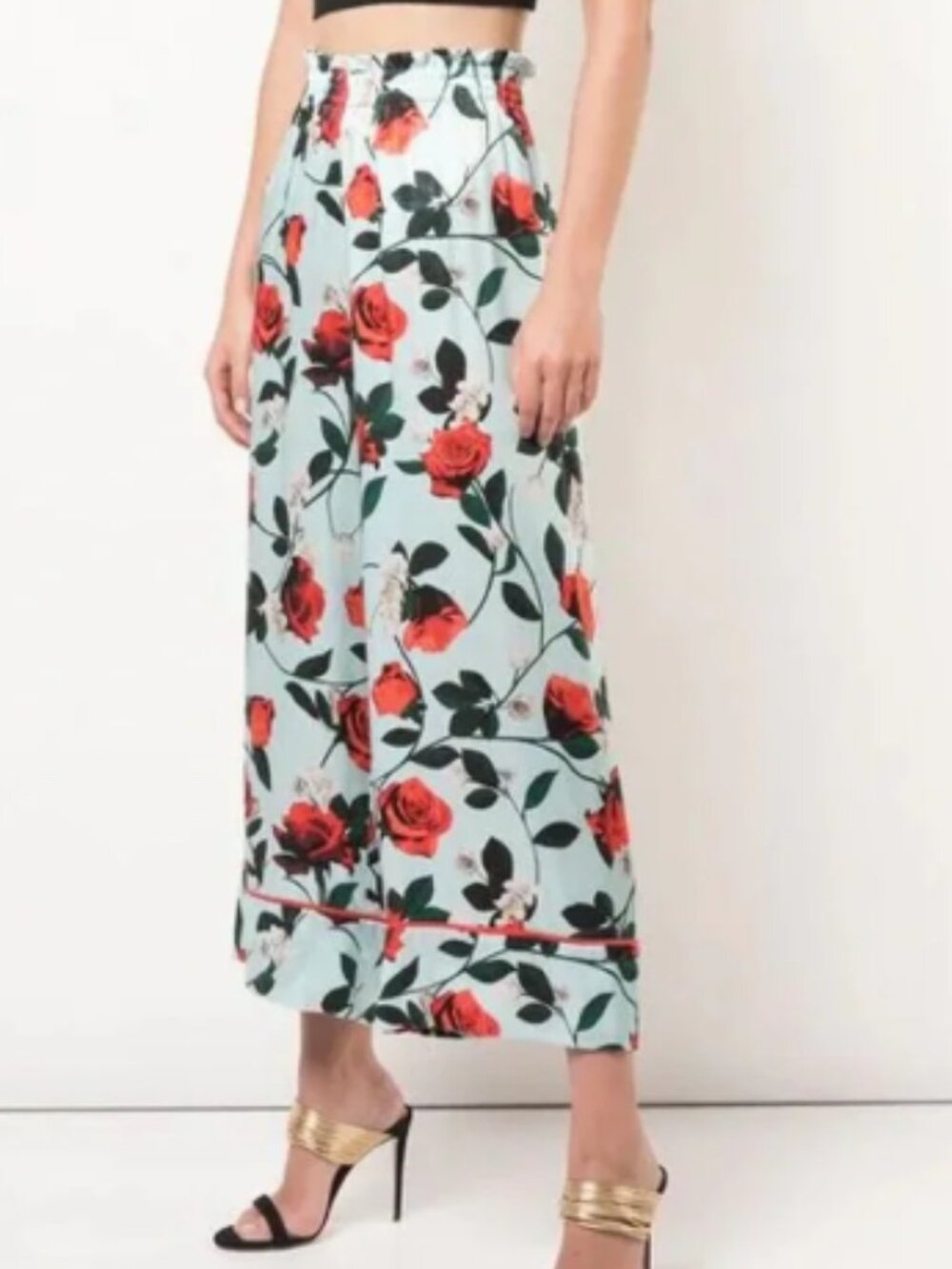 Alice + Olivia Elba Paperbag-waist Rose Print Pants In Blue size XL